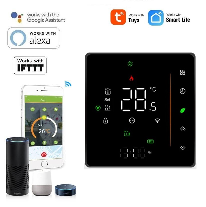 WiFi dotykový pokojový termostat ovládaný aplikací, 16A, černý- TUYA, Android/iOS