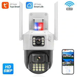 Duální venkovní otočná WiFi kamera Tuya PST-Q07-6MP se sirénou a majákem